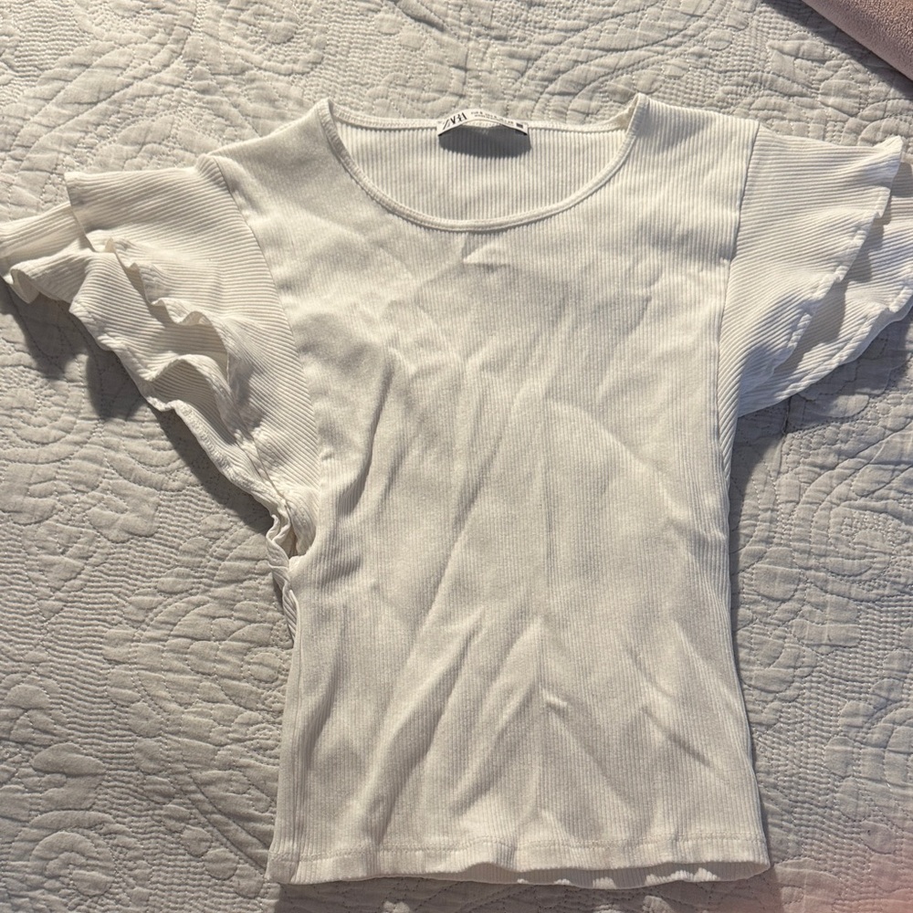 Zara white Ribbed Short Sleeve Top